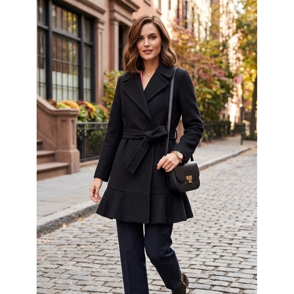 Kate Spade Black Wool Blend Ruffle Peplum Wrap Coat K28777-ME Medium